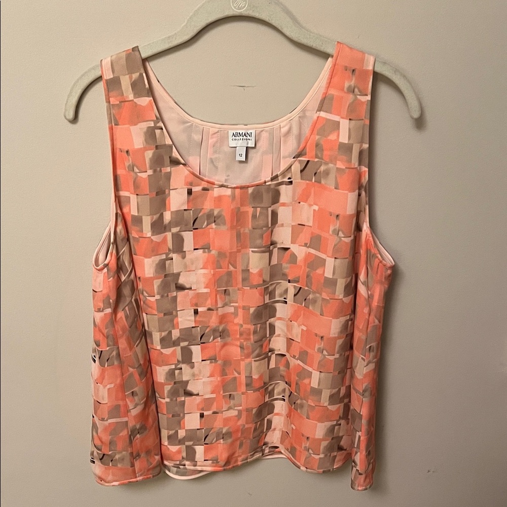 Armani Collezioni Coral and Beige Checkered Blouse